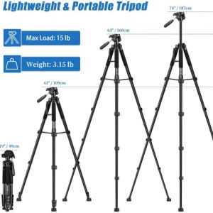 Tripod Camera Tripods, 74″ Tripod for Camera Cell Phone Video Photography, Heavy Duty Tall Camera Stand Tripod, Professional Travel DSLR Tripods Compatible with Canon Nikon iPhone, Max Load 15 LB